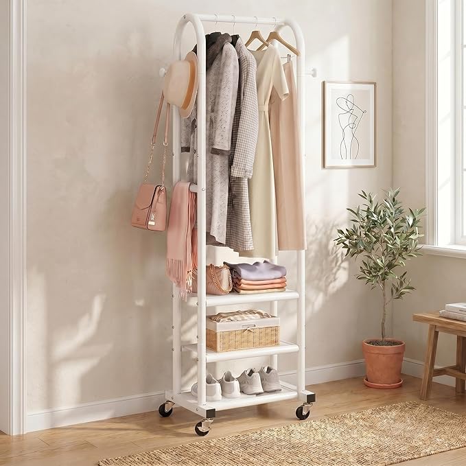 Dttwacoyh Narrow Hall Tree for Small Spaces,Space-Saving Solution for Tall Free Standing Metal Garment Rack with Shelves，Hook and Wheels for Entryway, Mud Room, Laundry Room,Bedroom- White