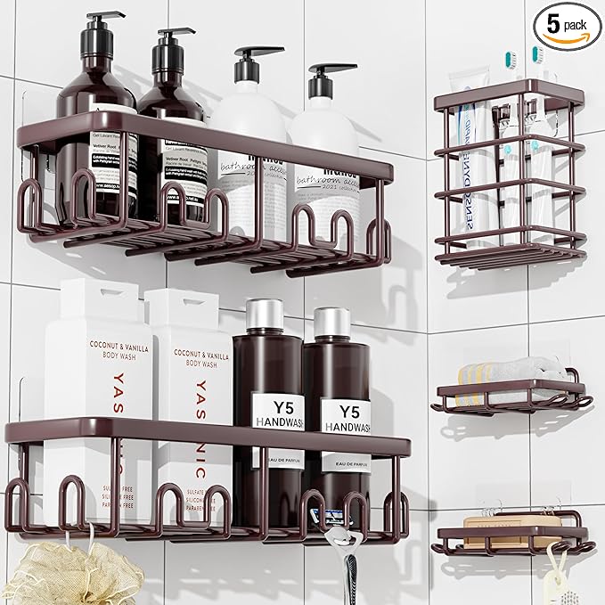 YASONIC Shower Caddy Adhesive 5-Pack, Rustproof Shower Organizer with Holder, No Drilling Shower Shelves for Inside Shower, Large Capacity Bathroom Organizers and Storage for Home & Renters, Bronze