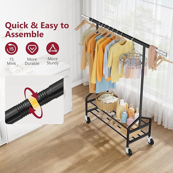 Tajsoon Clothing Rack Load 350 LBS, Metal Clothes Rack with Double Layer Shelves, Adjustable Garment Rack for Hanging Clothes, Heavy Duty Portable Rolling Rack, Black