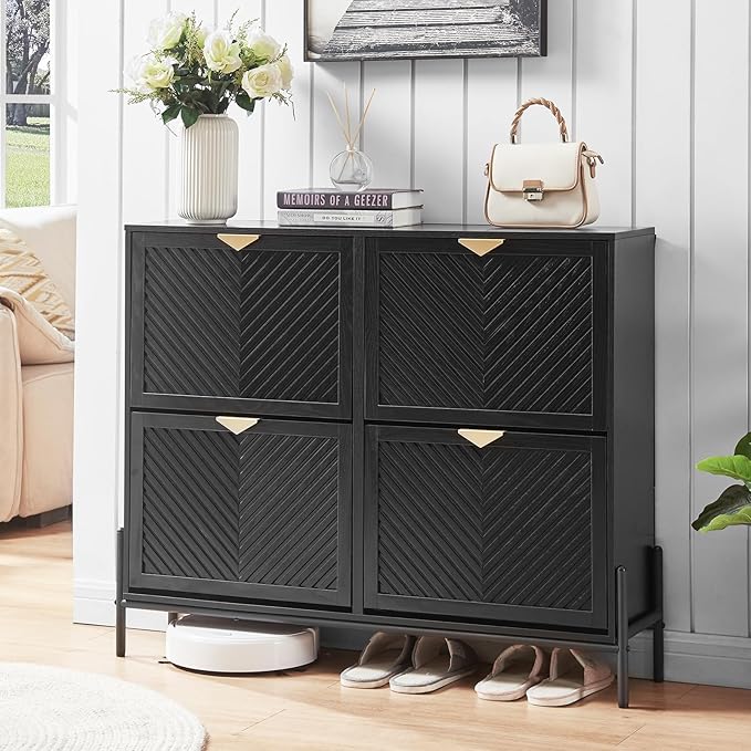 Shoe Cabinet Storage with 4 Flip Drawers, Narrow Hidden Shoes Organizer Cabinet for Entryway, Freestanding Slim Shoe Rack Front Door Entrance(Black)