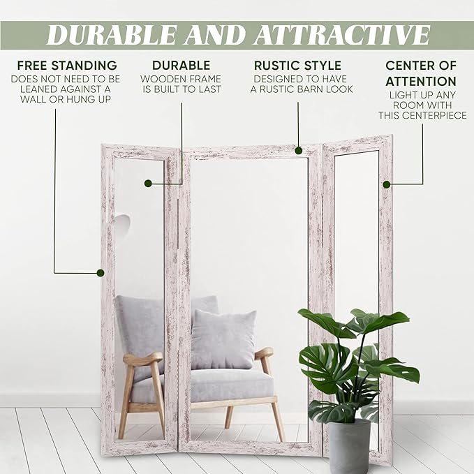 Houseables Trifold Mirror Full Length, 3 Way Mirror, Floor Length, Three Way Folding, Standing, Full Body, Wood Framed, 3 Sided for Bedroom, Makeup, Oversized, Foldable, White, 71 x 32 to 65 Inch