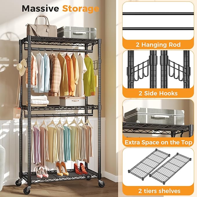 NEWBULIG Heavy Duty Adjustable Clothes Rack with Wheels, Adjustable Rolling Metal Freestanding Garment Closet Organizer with Double Rods & 2 Side Hooks for Hanging Clothes, 35" x 15" x 75", Black