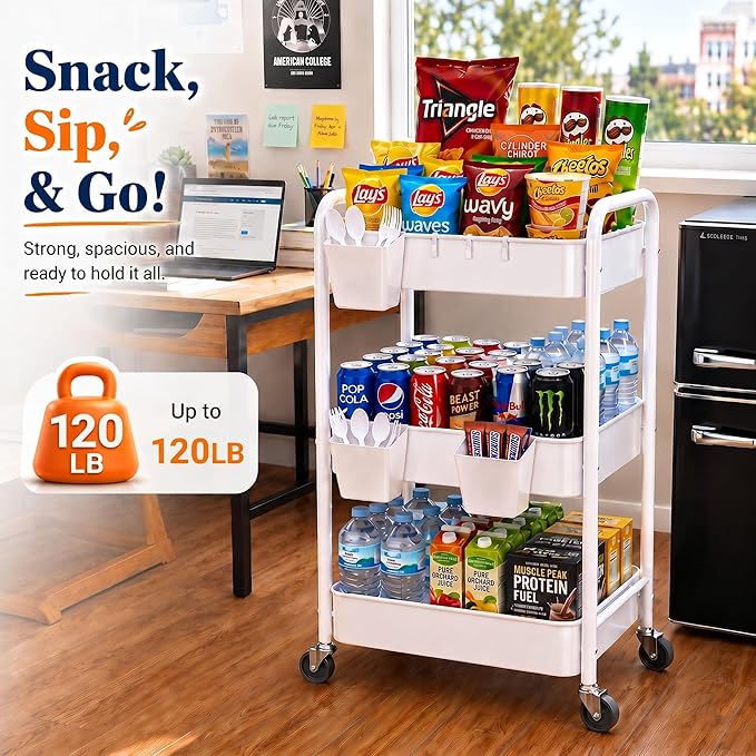 3 Tier Rolling Cart Metal with Wheels, White Three Tiered Craft Cart Organizer on Wheels, Storage Utility Carts for Art, Baby Nursery,Diaper Caddy, Cleaning Supplies, Nail,Lash,Snack,Book,Roller Shelf