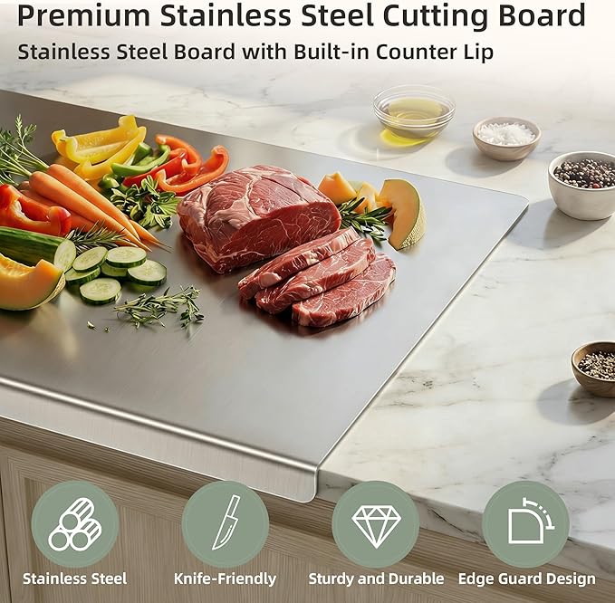 2-Piece Stainless Steel Cutting Board with Lip, Kitchen Chopping Board for Cutting Meat, Veggies and Fruit, 16 × 12 × 0.8 inch