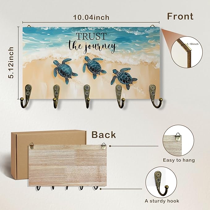 Sea Turtle Gifts Key Holder for Wall 10"x5.12", Gifts for Turtle Lovers Key Hanger Wall Mount, Trust The Journey Coastal Beach Wooden Hanging Keys Holder Decor for Entryway Beach House