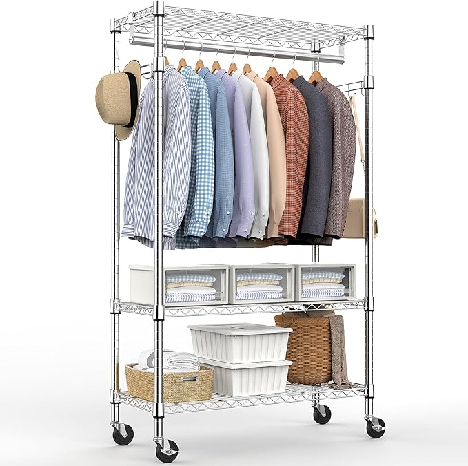 M MZG Heavy Duty Rolling Garment Rack 3 Tiers Adjustable Wire Shelving Clothes Rack with Rods and Side Hooks,Storage Closet Clothing Rack with Wheels Chrome 15.7" D x 29.5" W x 74.5" H