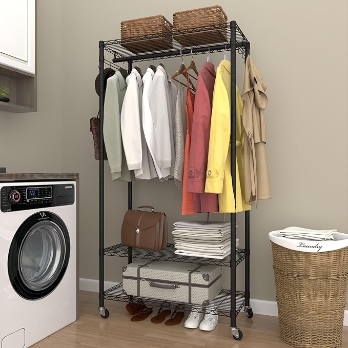 Rolling Portable Garment Rack, Freestanding Clothes Rack with 3 Adjustable Wire Shelves, 2 Side Hooks, Black