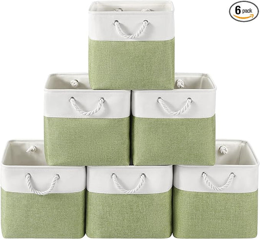 13 x 13 Inch Cube Storage Bins, 6 Pack Fabric Storage Basket with Handles, Foldable Boxes Organizer for Shelf Baskets for Home, Clothes (White/Green)