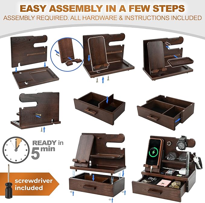 TESLYAR Wood Phone Docking Station with Drawer - Nightstand Organizer - Desk Organizer for Husband - Birthday Gifts for Men, Dad, Anniversary, Key Holder Stand Watch, Accessories (Chocolate Brown)