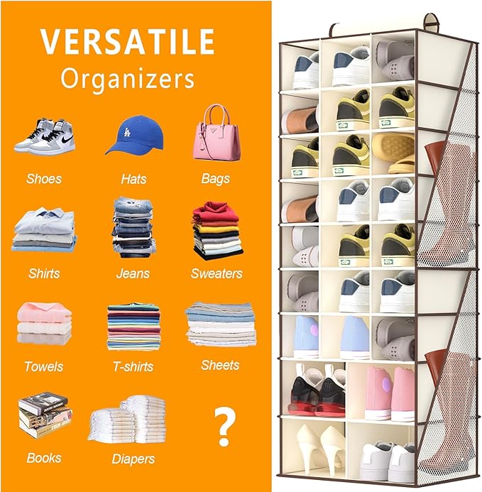 Hanging Shoe Organizer for Closet-Collapsible Storage Rack with 25 Sections & 4 Side Pockets, Hanging Shoe Shelves for Hats,and Clothes, Beige