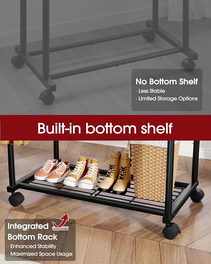 Sakugi Double Rods Clothes Rack - Metal Clothing Rack with Fixed Double Rods, Rolling Wheels & Built-In Shelf for Closet, Bedroom, Laundry Storage (39" x 17" x 60", Black)