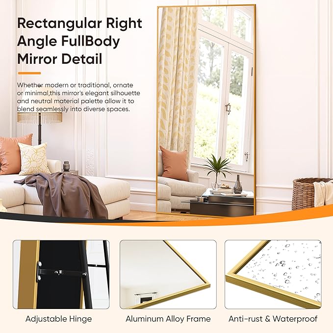 Suidia Full Length Mirror, 56"x14" Floor Standing Mirror Freestanding, Full Body Mirrors with Stand for Bedroom, Hanging Mounted for Living Room Cloakroom, Gold, Rectangular Style