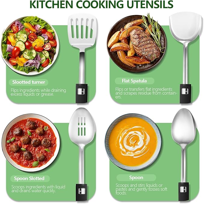4 Pcs Cooking Utensils Set, 18/0 Stainless Steel Kitchen Utensils, Wok Utensils Set Include Slootted turner, Flat Spatula, Spoon Slotted, Spoon, Easy to Clean