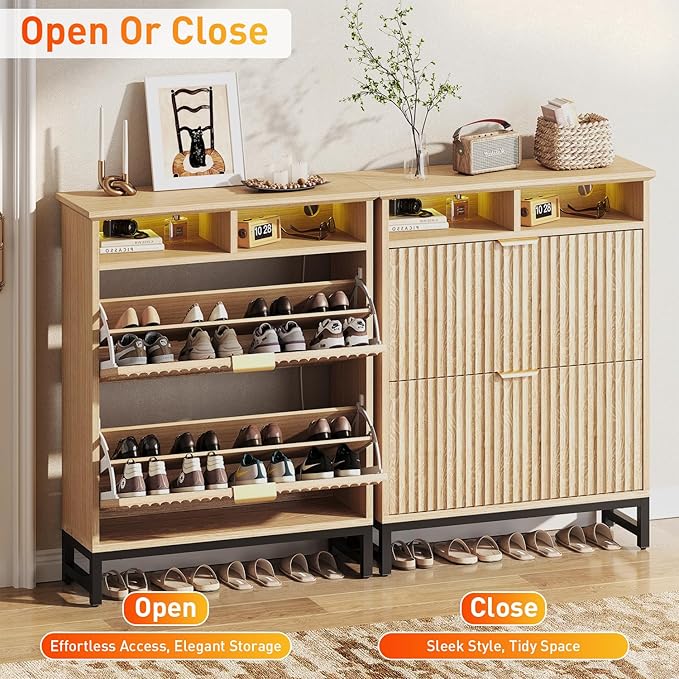 Fluted Shoe Storage Cabinet with 4 Flip Drawers, 47.24" Narrow Shoe Organizer Cabinet with LED Light, Slim Freestanding Shoe Rack Cabinet, Wooden Hidden Shoe Cabinet for Entryway, Hallway(Natural Oak)