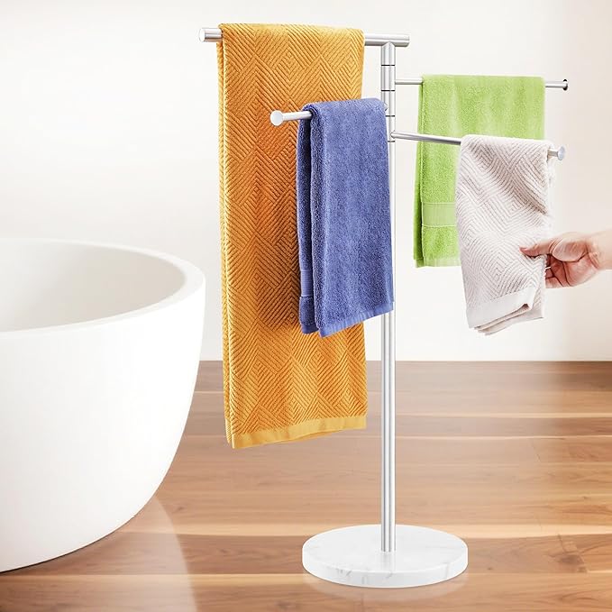 Standing Towel Rack, Stainless Steel Towel Racks for Bathroom with Weighted Marble Base, 4 Swivel Towel Arms Freestanding Outdoor Towel Holder Stand for Pool, Brushed Nickel