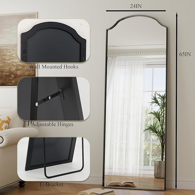 Arched Full Length Mirror Full Body Mirrors with Unique Scalloped Corner Design 24 x 65 Inch Wall Mirror Full Length for Bedroom Living Room Black