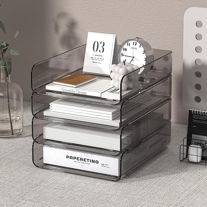 FANXIYQ 4-Tier Acrylic Paper Tray Organizer | Clear Stackable Desk Organizer for Documents, Letters, A4 Paper | Modern Office/Classroom/Home Organization,Brown