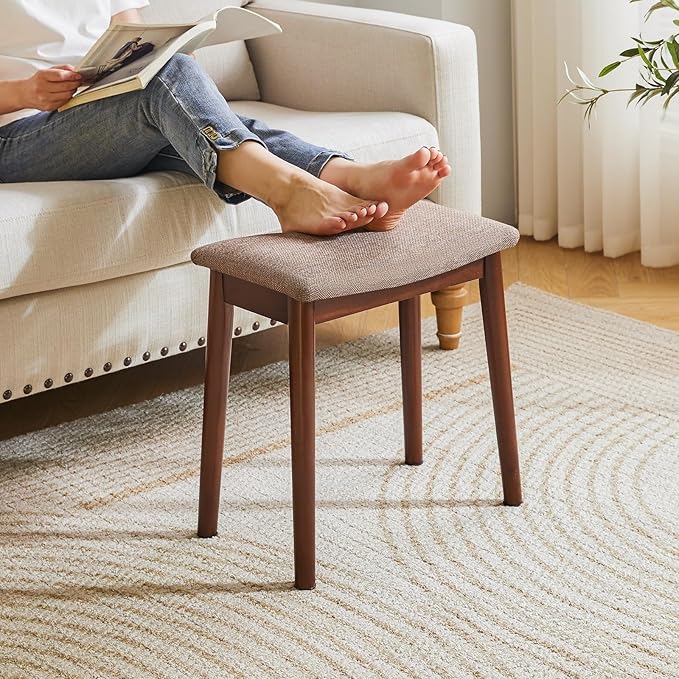 IBUYKE Saddle Cushion Vanity Stool Chair, Foot Rest Stool with Solid Wood Legs, Modern Vanity Bench Ottoman for Piano, Upholstered Seat for Bedroom, Entryway, Walnut Legs&Brown Linen WBD007HC