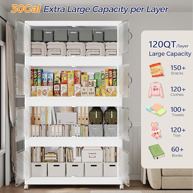 360QT Extra Large Stackable Storage Bins with Lid & Wheels & Doors, 90Gal Foldable Collapsible Closet Organizers, Plastic Cabinet Box Container Drawer for Home Kitchen Bedroom, 3Pack White