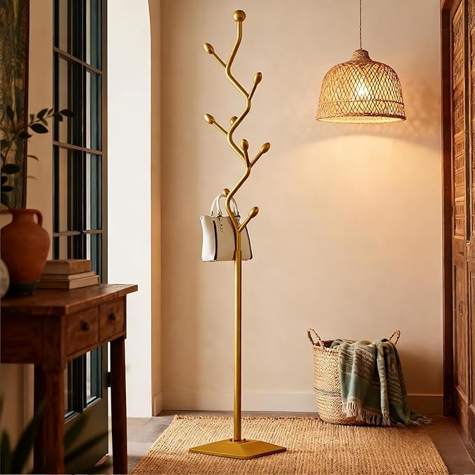 Coat Rack Freestanding gold Coat Tree with 8 Hooks, Creative Design Tree Branch-look, Standing Coat Rack Coat Hanger Stand with Stury cast iron Base for Entryway, Hallway, Bedroom (gold)