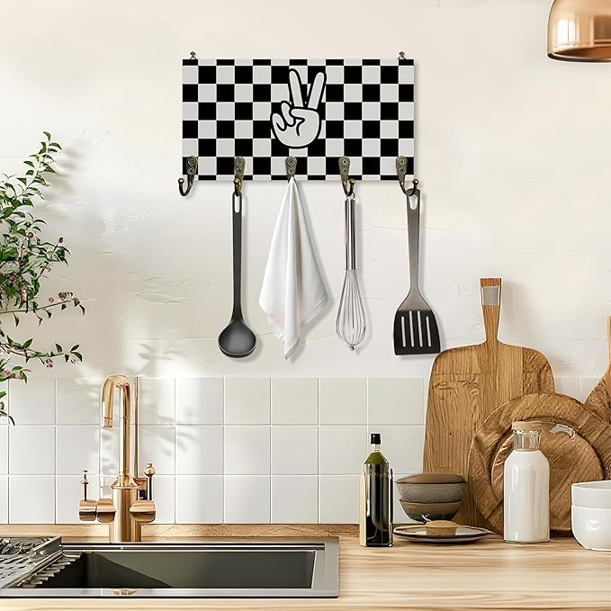 Black and White Checked Key Holder for Wall 10"x5.12", Boys Room Decor Key Hanger Wall Mount, Preppy Peace Sign Wooden Hanging Keys Holder Decor for Entryway Front Door Kids Room（5 Hooks）
