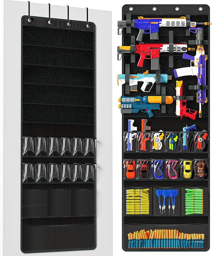 Over Door Toy Gun Storage, Hanging Organizer for Toy Guns, Hanging Toys Organizer with Pockets, Hook&Loop Straps for Foam Blasters, Darts, Goggle, Toys Storage Door Hanger for Kidroom, Gameroom, Black