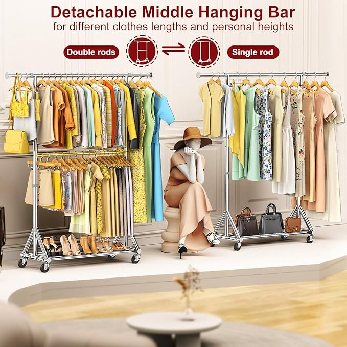 Heavy Duty Clothes Rack Load 860LBS, Rolling Double Rods Clothing Racks for Hanging Clothes, Adjustbale Garment Rack With Sturdy Wheels Shelf, Portable Closet Rack Free Standing