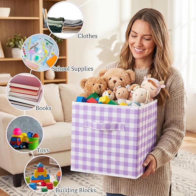 Yalikop 6 Pcs Colorful Checkered Cube Storage Bins, 11 Inch Fabric Gingham Classroom Storage Bins Organizer with Handle Preppy Collapsible Cubby Basket for Classroom Home Nursery Playroom Bedroom