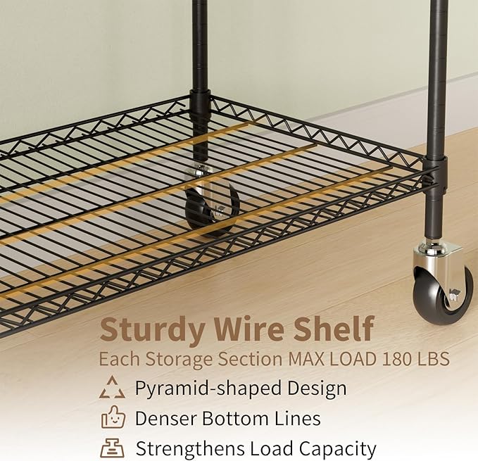 Heavy Duty Rolling Garment Rack, 3 Tier Adjustable Wire Shelving Clothing Racks with Adjustable Shelves and Double Rods for Hanging Clothes, Black Metal Freestanding Closet Organizer