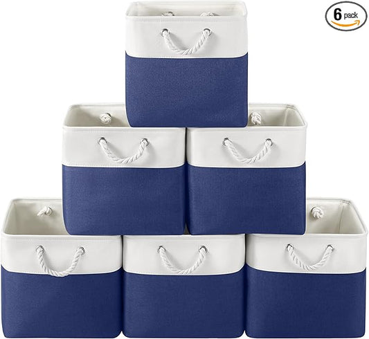 13 x 13 Inch Cube Storage Bins, 6 Pack Fabric Storage Basket with Handles, Foldable Boxes Organizer for Shelf Baskets for Home, Clothes (White/Blue)