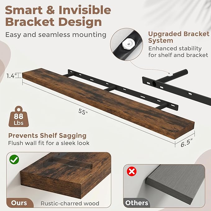 Venusmiles Floating Shelves for Wall, 55 Inch Floating Shelves Set of 2, 6.5" D Wooden Wall Mounted Display Shelves with Invisible Brackets for Living Room, Bedroom, Bathroom, Kitchen Decor, Brown