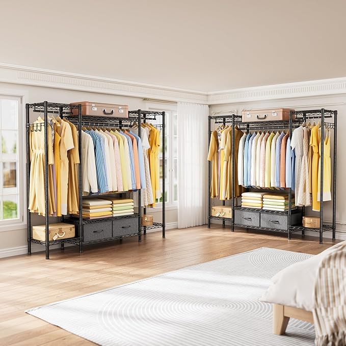Golpart Coat Rack Clothes Wardrobe：Closet Organizer and Storage Clothing Garment Rack with Shelves Heavy Duty for Hanging Clothes Portable Adjustable Black 15.8" DX61 WX76.5 H