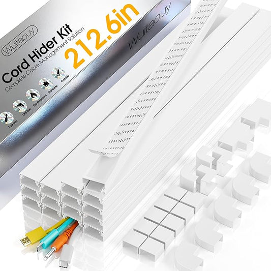 212.6in Cord Hider Wall, Cord Covers for 2-3 Wires on Wall, Paintable Cable Hider Raceway, Easier Set-up Wire Hider Wire Covers for Cords on Wall, Self-Adhesive Cable Cover, W0.95 H0.55in, White