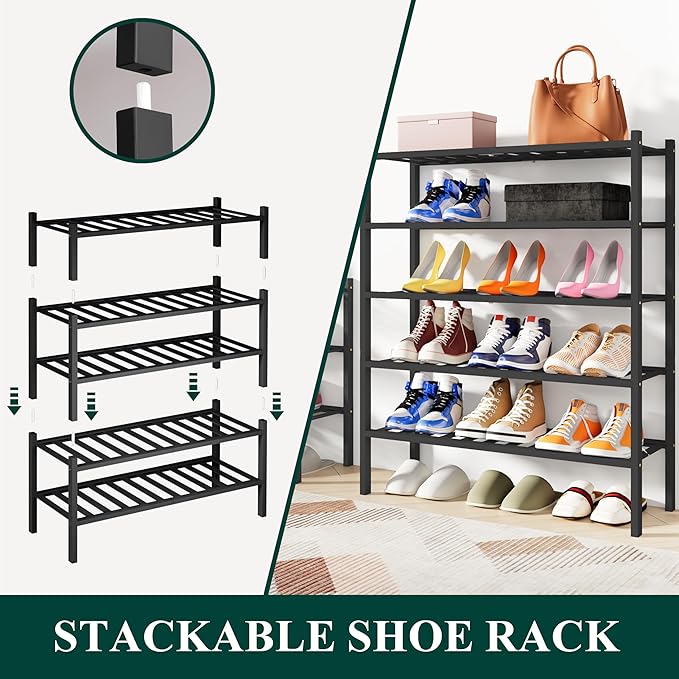 Smiry Bamboo Shoe Rack, 2 Tier Free Standing Wooden Shoe Organizer, Stackable Wood Shoe Storage Shelf for Closet, Entryway, 12 Vertical Slats, One-piece Standard Legs, 26.8"x11"x13", Black