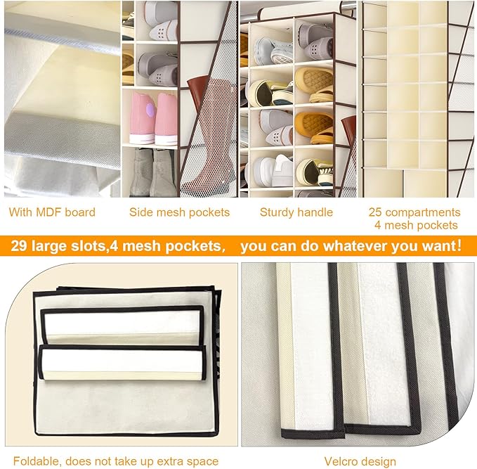 Hanging Shoe Organizer for Closet-Collapsible Storage Rack with 25 Sections & 4 Side Pockets, Hanging Shoe Shelves for Hats,and Clothes, Beige