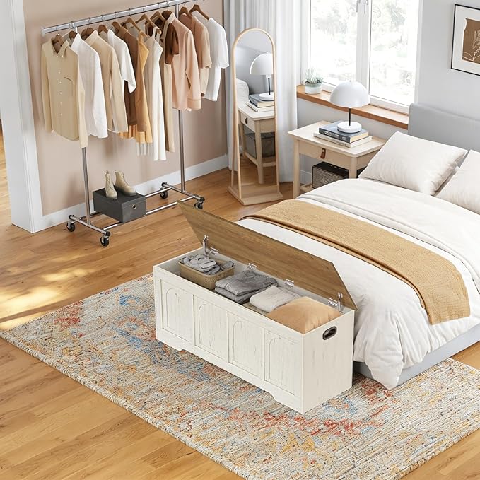 DINZI LVJ Storage Chest, 47.2”Wooden Storage Bench with 2 Safety Hinges, Farmhouse Toy Box with Flip-Top, Large Trunk for Living Room, Bedroom, Easy Assembly, Honey Brown and Rustic White