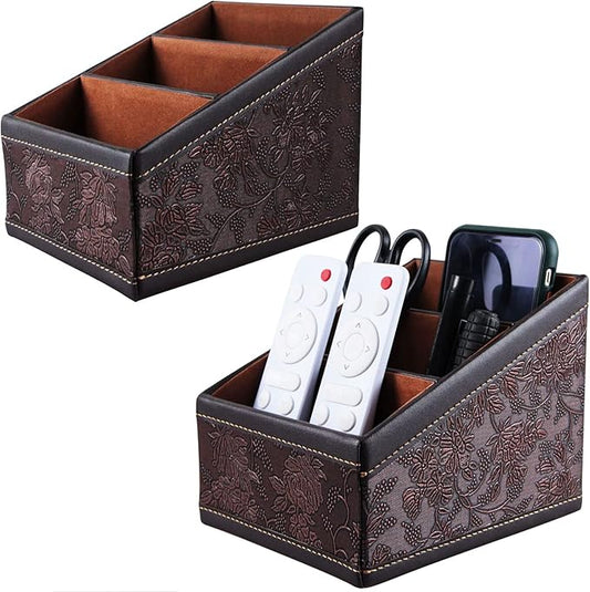 2 Pack PU Leather Remote Control Holder Storage Container for TV Remote Phone Caddy Eyeglasses（Brown）