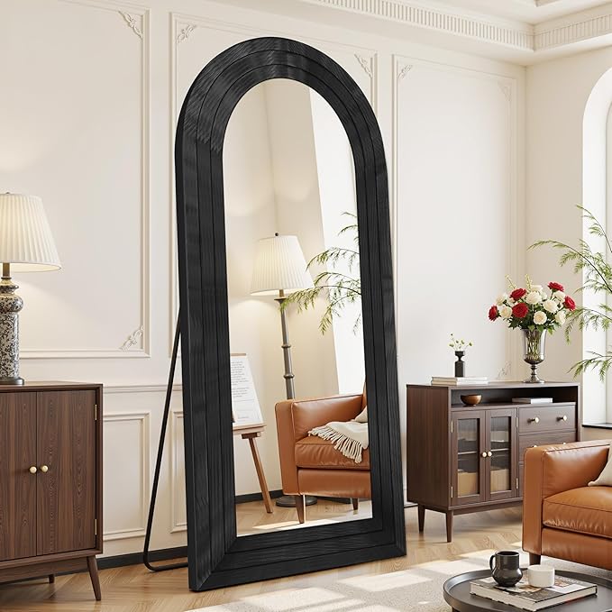 Antok Full Length Mirror with Solid Wood Frame, 81"×41" Wall Mounted Oversized Floor Mirror with Stand, Leaning Standing Hanging for Bedroom Living Room Entryway, Black, Arched Syle
