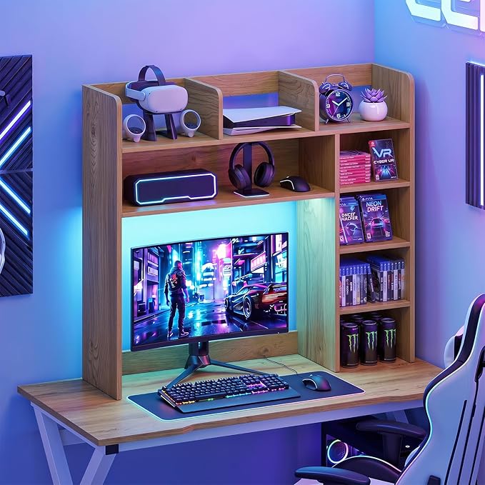 Tangkula Desktop Bookshelf with LED Lights, Desk Hutch with 8 Shelves for Max 25" Monitor, Desktop 5-Tier Display Rack, Multipurpose Wood Desktop Storage Hutch Organizer for Dorm Office Home (Natural)