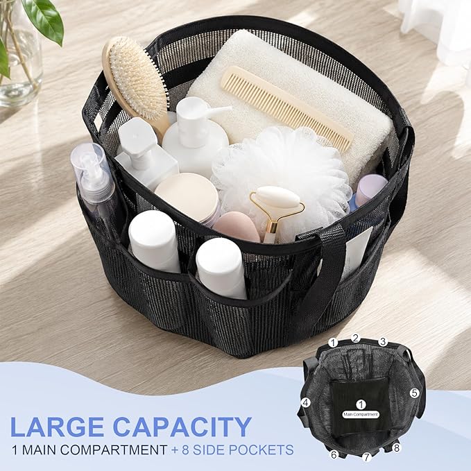 Mesh Shower Caddy Portable for College Dorm Room Essentials, 8-Pocket Quick Dry Hanging Shower Tote Bag with 2 Handles for Beach, Swimming, Gym, Travel Essentials