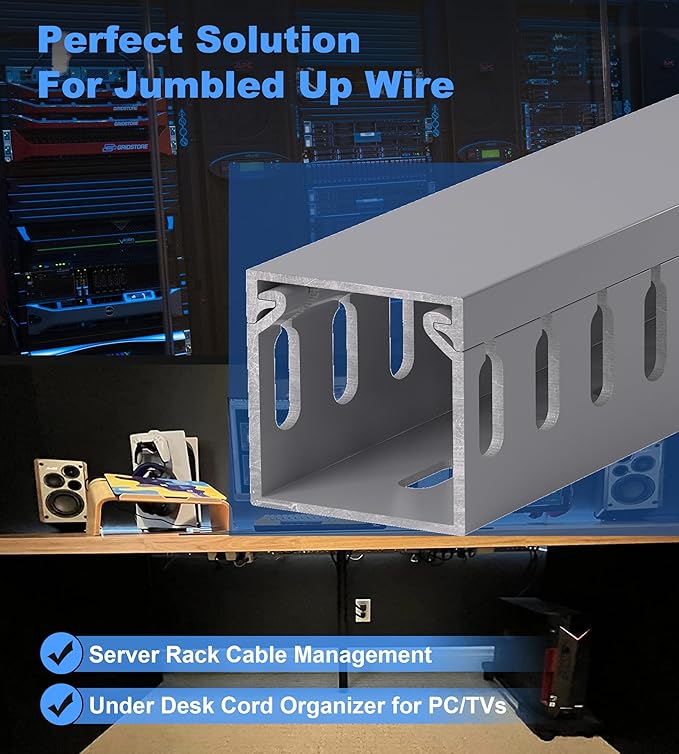 ZhiYo H1.4in W1.4in Professional Server Rack Cable Management Raceway, 132in (8 x L16.5in) Cable Raceway Kit, Electrically Safe PVC Open Slot Wire Raceway for Under Desk/Computer/Network Cords, Grey