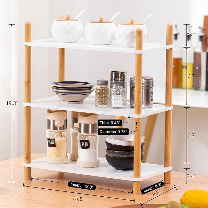 2-Tier Expandable Bamboo Desktop Organizer Shelf Kitchen Cabinet and Counter Riser Display Shelf for Top of Desk Home Office Bathroom Coffee Table Display Stand,Natural (3-Tier White, 6.7" H)