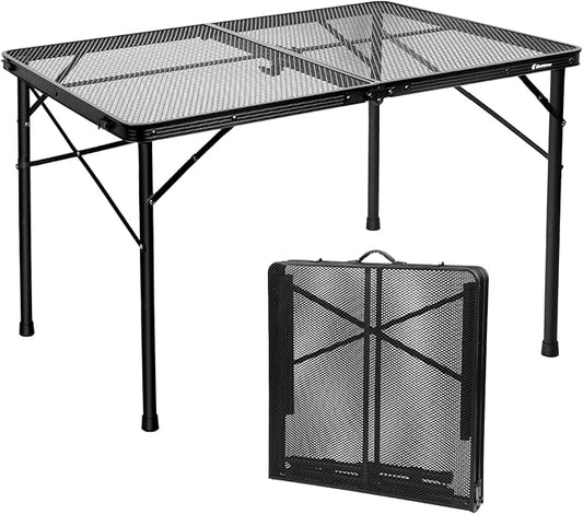 4 ft Folding Table with Metal Mesh Desktop, Grill Table Camping Table with Carry Handle,Adjustable Height (16.5" & 26"), Outdoor Table for Camp, Cooking, BBQ, RV, Picnic,Fits 4–8 People,Black