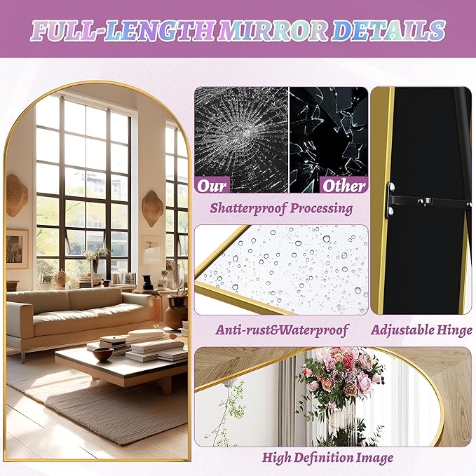 Full Length Mirror, 76"x34" Arched Floor Mirror Freestanding, Floor Standing Full Body Mirror with Stand for Bedroom, Hanging Mounted for Living Room Cloakroom, Gold