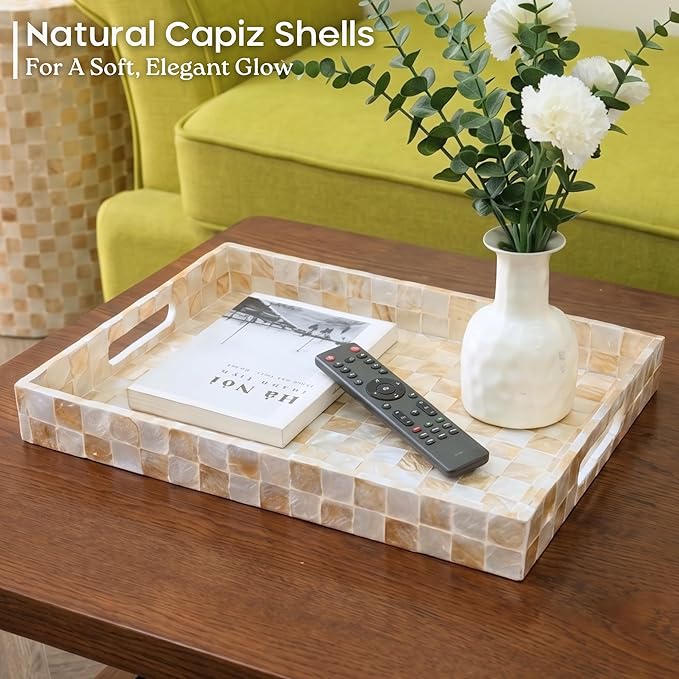 CHI AN HOME 15.8” x 11.8” Rectangle Serving Tray with Handles, Capiz Shells Checkered Rectangular Tray for Ottoman Table, Mother of Pearl Decorative Serving Tray for Living Room, Kitchen (Ivory)