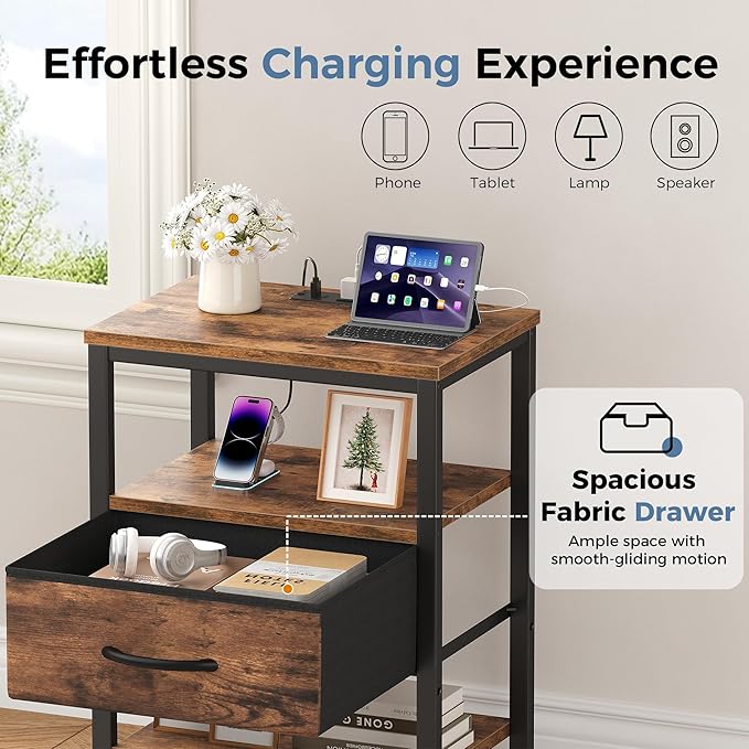 DUMOS Nightstand Set of 2 with Wireless Charging Station Bed Side Tables with Adjustable Fabric Drawers and 3 - Tier Storage End Tables Modern Design, Brown