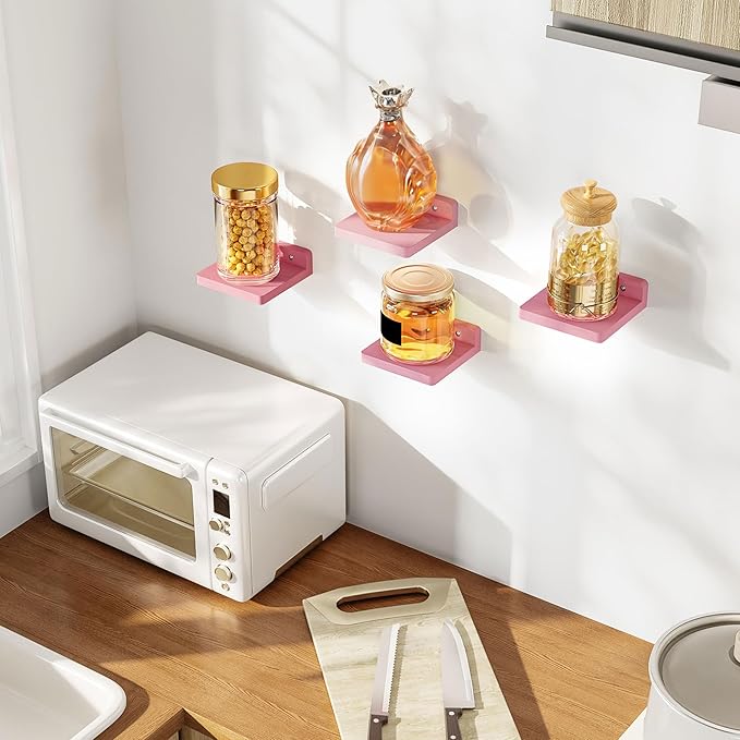 SRIWATANA Small Floating Shelves Wall Mounted, Wood Shelf for Decoration and Storage Set of 4, Mini Display Shelf for Bedroom, Bathroom, Kitchen, Office (Pink, 5 inch)