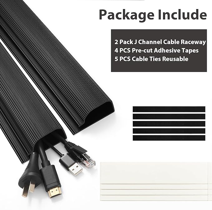 Cable Management Under Desk, 32in (2x15.75in) J Channel, Self Adhesive Cable Raceways Channel, Easy to Install Cord Cover Hider Desk Cord Organizer Electrical Black