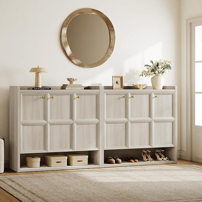 SICOTAS Shoe Storage Cabinet for Entryway, 47.6" Wide 6-Tier Extra Large with 3 Doors, Holds up to 30 Pairs, Adjustable Shelves Shoes Rack Organizer for Hallway, Grey White Oak