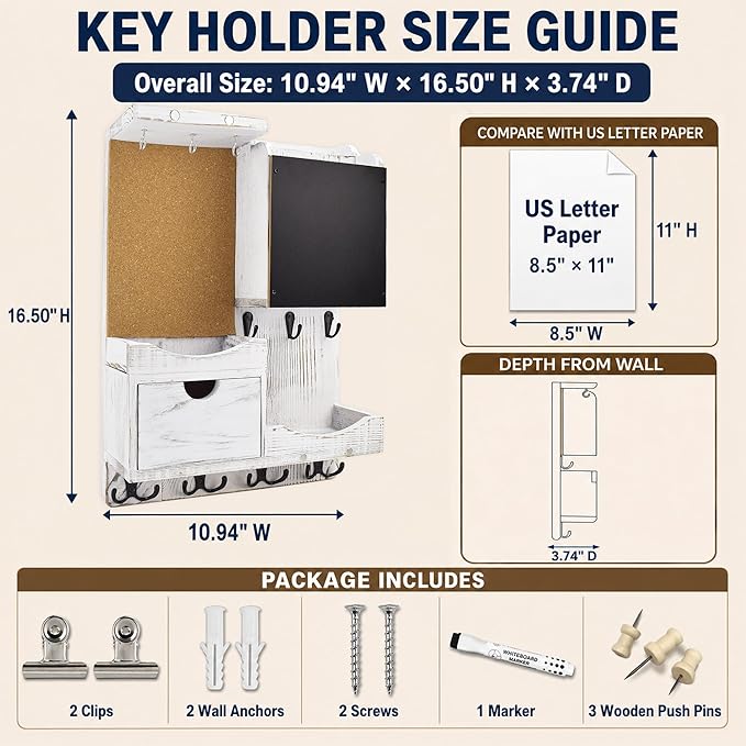 Key Holder Wall Mount， Mail Organizer Key Holder for Wall with Shelf, Drawer, Chalkboard, Corkboard, Home Decor Wall Mounted for Room Entryway(Whitewashed)